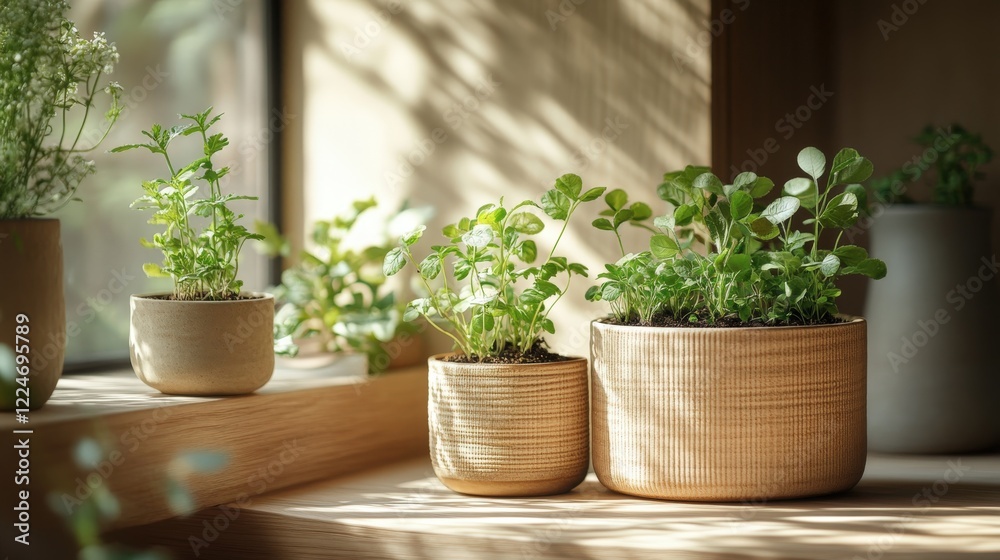 Small seedlings thrive in textured brown planters with a clean beige background Small seedlings thrive in textured brown planters with a clean beige background