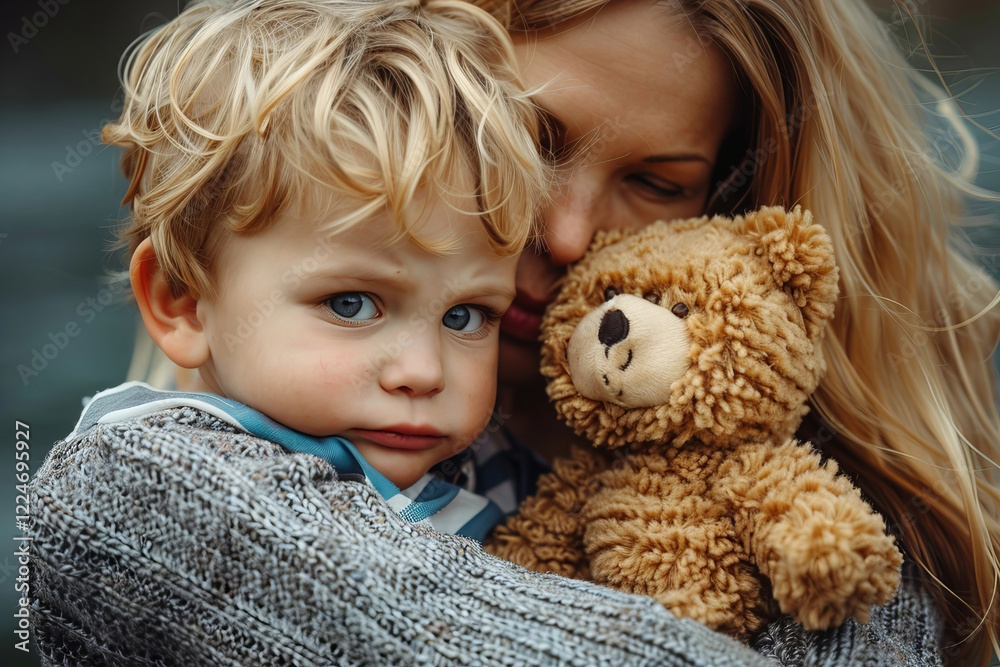 Title: Mother and Son Finding Comfort in an Unsettled Situation Title: Mother and Son Finding Comfort in an Unsettled Situation