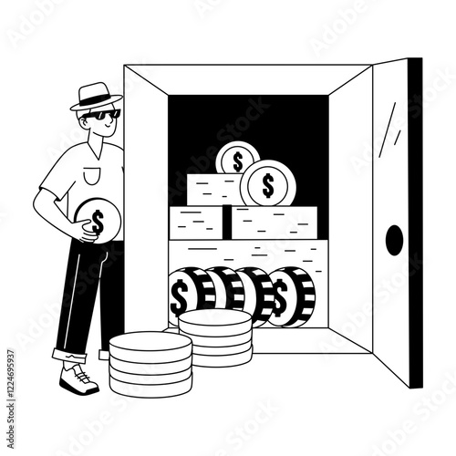 A character standing near casino vault, glyph style illustration 

