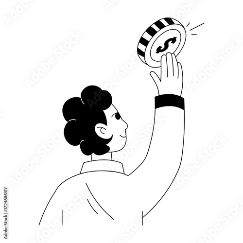 A character tossing coin, glyph style illustration 

