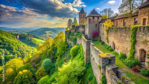 Impregnable Medieval Castle Wall Panorama: Springtime Fortress Architecture photo