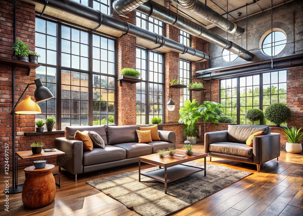 Industrial Loft Living Room: Chic Brick Walls, Exposed Pipes, Modern Furniture Industrial Loft Living Room: Chic Brick Walls, Exposed Pipes, Modern Furniture