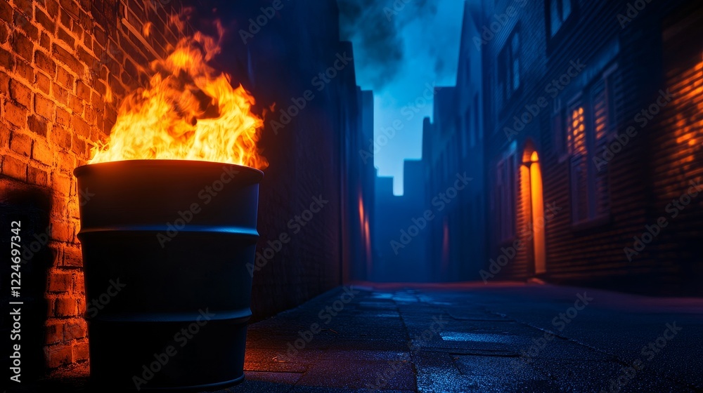 Obraz premium A burning barrel in a dimly lit alleyway with blue and orange hues, evoking a sense of mystery