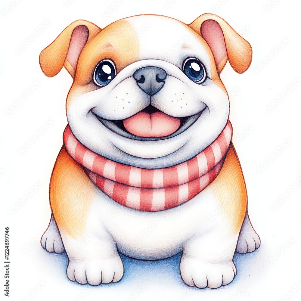 Naklejka premium Adorable Bulldog Puppy In Checkered Scarf Illustration