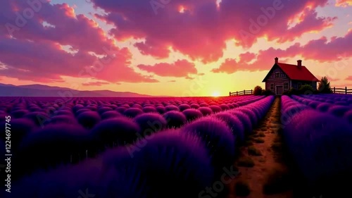 Endless fields of purple lavender under a sunset sky in pink and gold hues. A dirt path winds through the flowers, leading to a rustic cottage on the horizon. Style: Digital impressionist painting