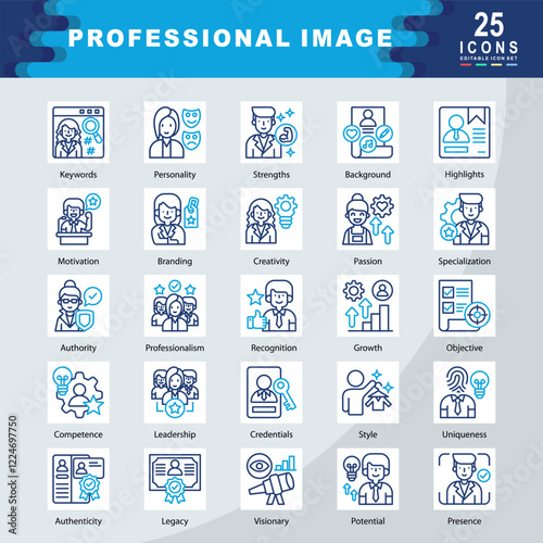 Professional Image icon set containing Keywords, Personality, Strengths, Background, Highlights, Motivation, Branding, Creativity, Passion, Specialization, Authority icon. Simple line vector