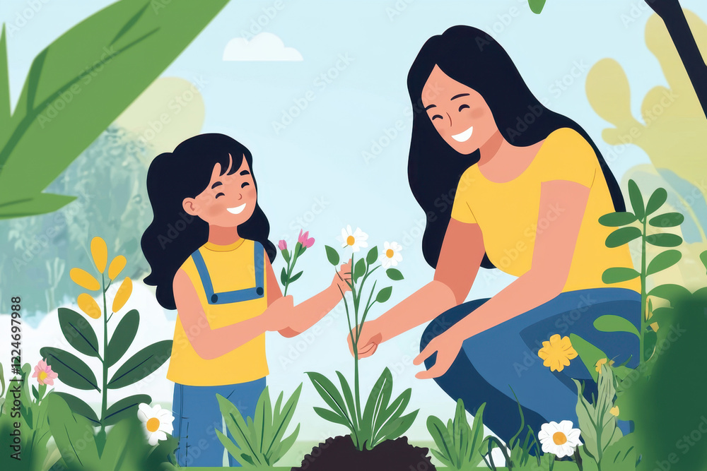 Illustration of a mother and child planting flowers in a garden Illustration of a mother and child planting flowers in a garden