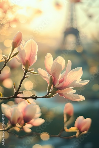 Eiffel Tower against the background of blooming flowers. Selective focus.