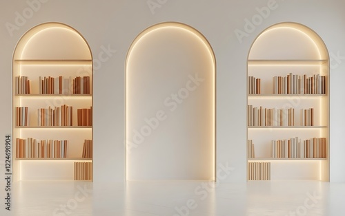 Architectural minimalist white wall interior with seamless bookshelves and softly illuminated arched doorways, mockup-ready blank area