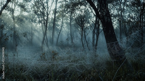 Misty forest scene showcasing intricate spider webs glistening in morning light among trees