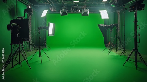 Green screen studio with uniform green backdrop and soft lighting, ideal for photoshoots or film work