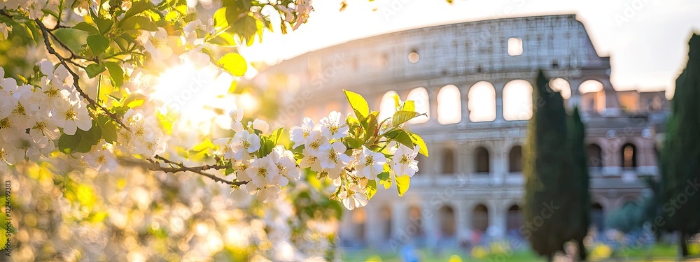 Obraz premium Colosseum against the background of flowering trees. Selective focus.