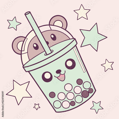 Adorable Bear Bubble Tea Cartoon Illustration