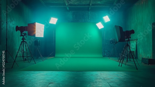 Green screen studio with uniform green backdrop and soft lighting, ideal for photoshoots or film work photo