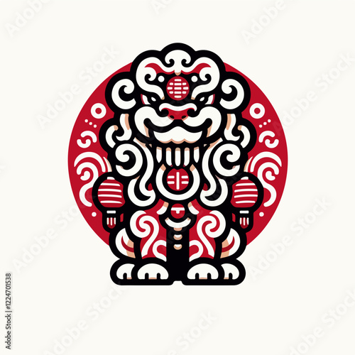 Chinese Guardian Lion: A stylized illustration of a Chinese guardian lion, also known as a Foo Dog, in a minimalist design against a red circular background. photo