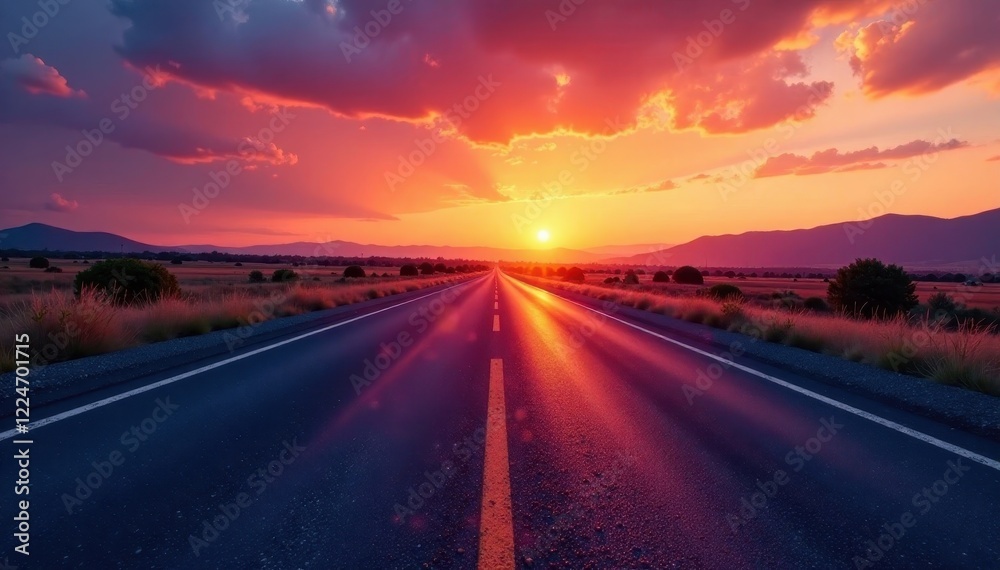 Fototapeta premium Twilight descends on empty asphalt ribbon, sun dipped below horizon, road, trees