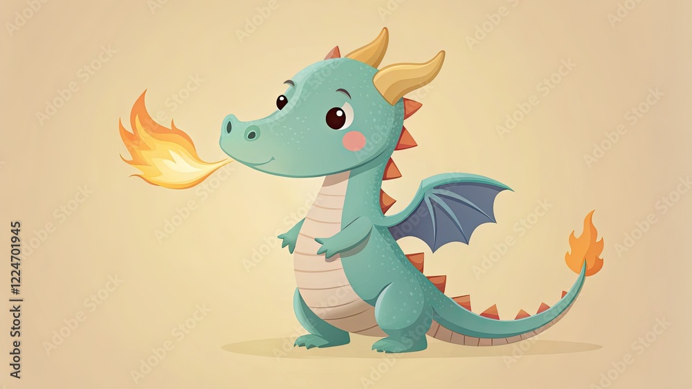 Obraz premium Adorable minimalist dragon, fiery breath, PNG clipart; perfect for cute fantasy projects.