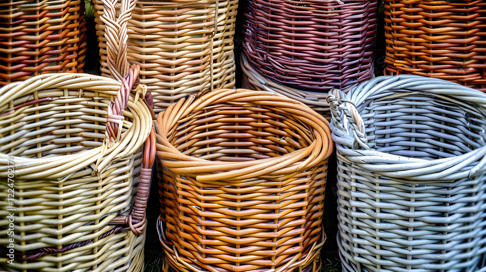 A collection of woven baskets in various colors and sizes, showcasing craftsmanship. A collection of woven baskets in various colors and sizes, showcasing craftsmanship.