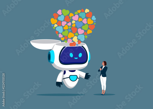 Open robot head with explosion of love. Love affair. Modern flat vector illustration