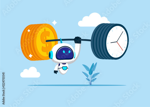 Cyborg lifting weights. Investment financial literacy, investing expert, effort to earn more dollar money. Vector illustration.