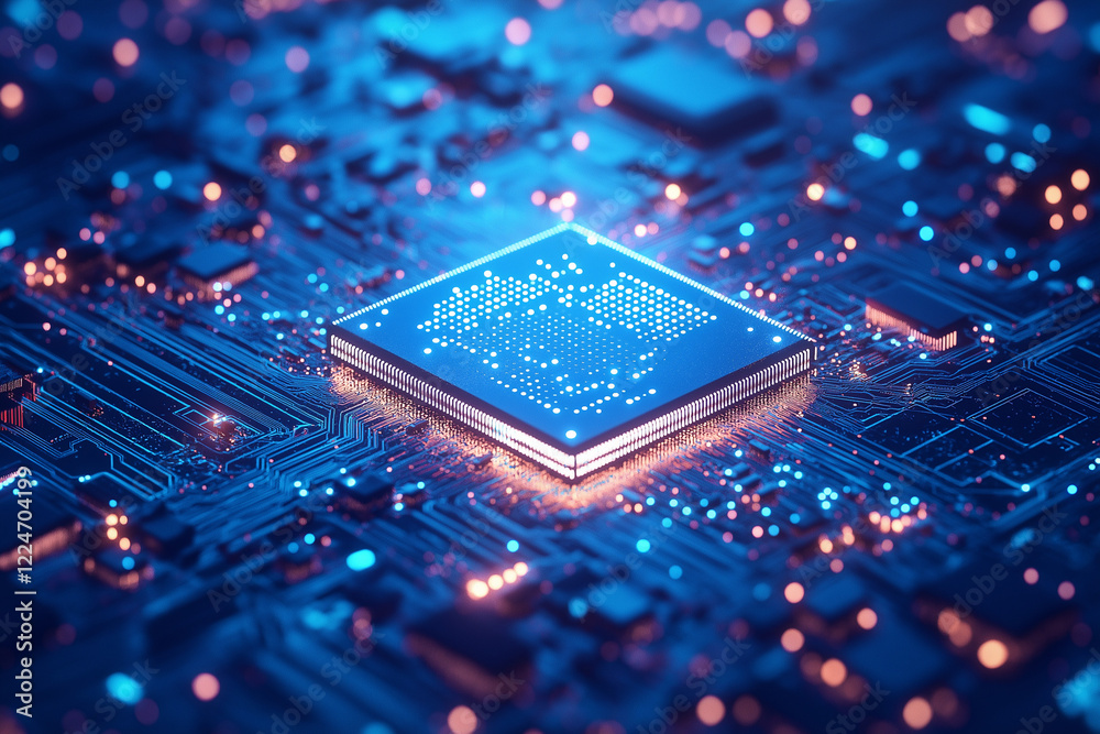 A blue circuit board with an integrated chip glowing in the center, representing advanced technology and computer chips for microprocessors . A blue circuit board with an integrated chip glowing in the center, representing advanced technology and computer chips for microprocessors .