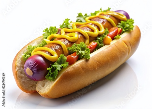 Juicy Hot Dog with Mustard, Relish & Onions - Side View Isolated on White photo