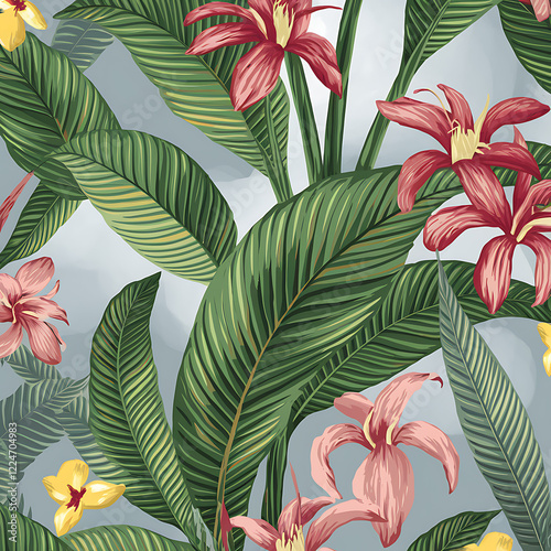 Tropical Leaf and Flower Illustration - Botanical Jungle Pattern with Lush Greenery
