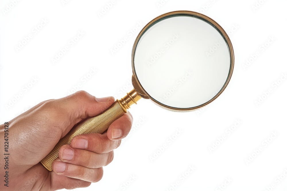 Hand holding magnifying glass, white background, close-up, investigation Hand holding magnifying glass, white background, close-up, investigation
