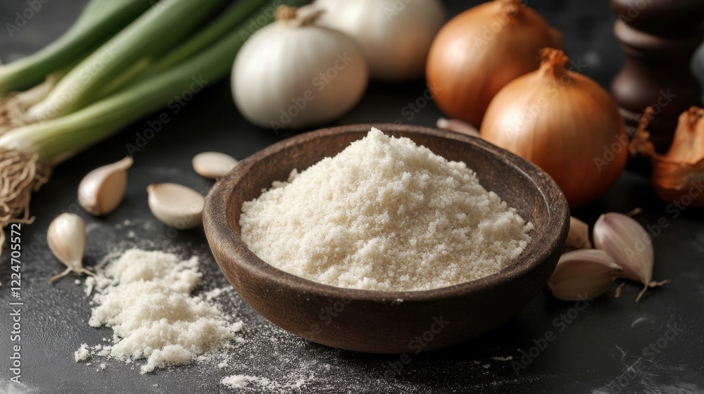Dried organic onion powder. Generative AI Dried organic onion powder. Generative AI