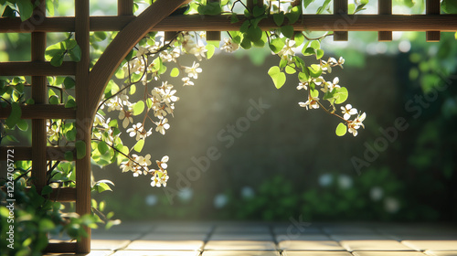 One clean, wooden trellis with a single, climbing vine, its flowers just blooming.