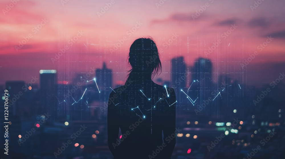 Abstract business woman stands on Smart digital Innovation city with connection network reciprocity over the twilight cityscape. of future wireless digital city and social media networking systems Abstract business woman stands on Smart digital Innovation city with connection network reciprocity over the twilight cityscape. of future wireless digital city and social media networking systems
