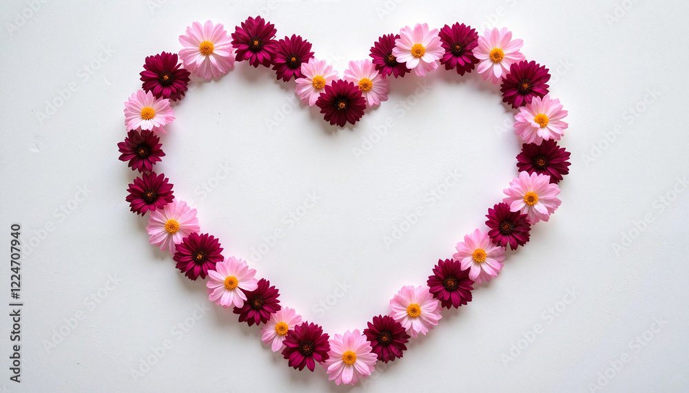 Floral heart arrangement on white surface, symbol of love Floral heart arrangement on white surface, symbol of love