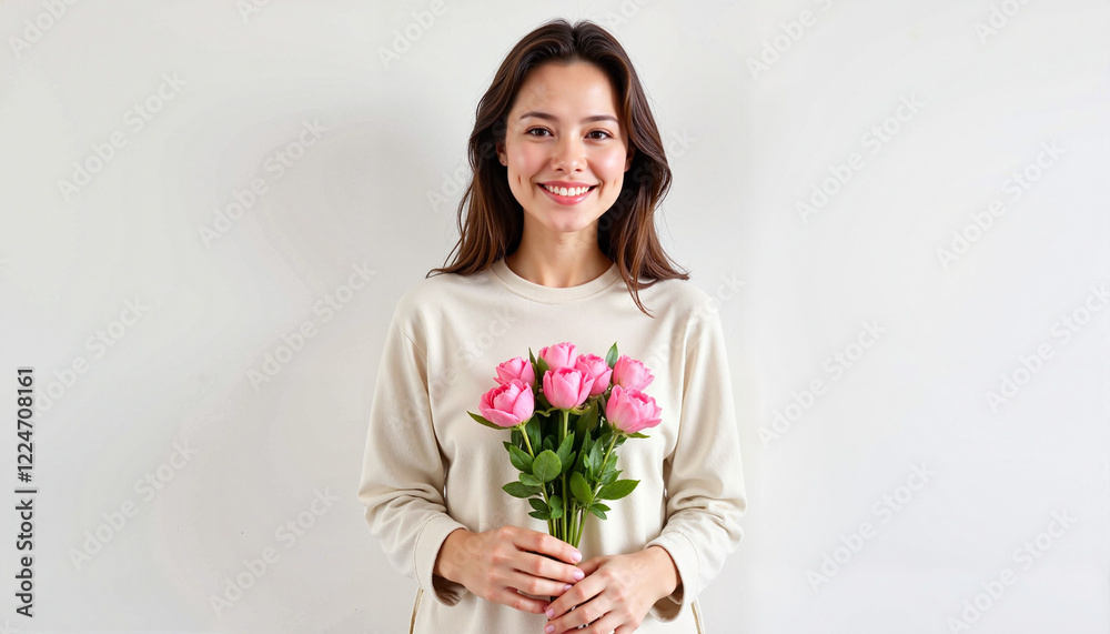 Smiling woman holding pink flowers on white background, joy and beauty Smiling woman holding pink flowers on white background, joy and beauty