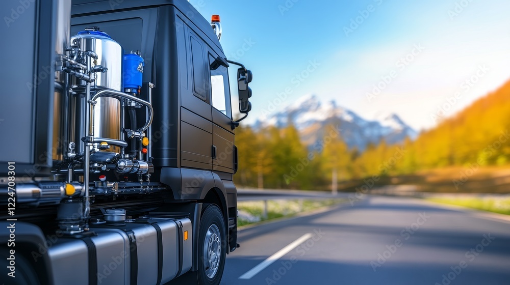 Fototapeta premium Close-up view of a truck on a scenic road surrounded by mountains and autumn foliage