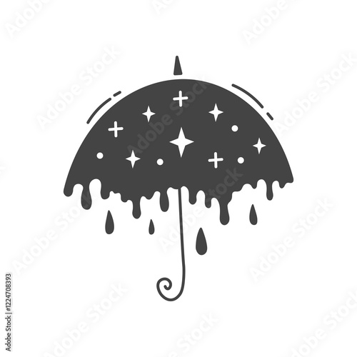 Melting Umbrella with stars Illustration. Vector accessory with dripping night sky texture. Doodle style parasol. Magic Celestial Surreal symbol