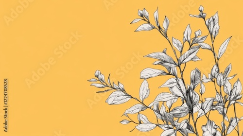 Wallpaper Mural Monochrome sketch of leaves on yellow background. Torontodigital.ca
