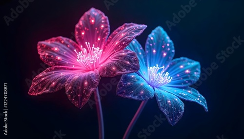 Two luminous flowers with pink and blue hues glow against a dark background creating a modern and enchanting botanical scene