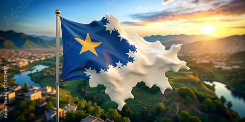 Kosovo 3D Map Drone Aerial View: White Silhouette & Flag