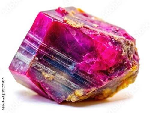 Close-up corundum gemstone, revealed in long-exposure detail against a stark white backdrop.