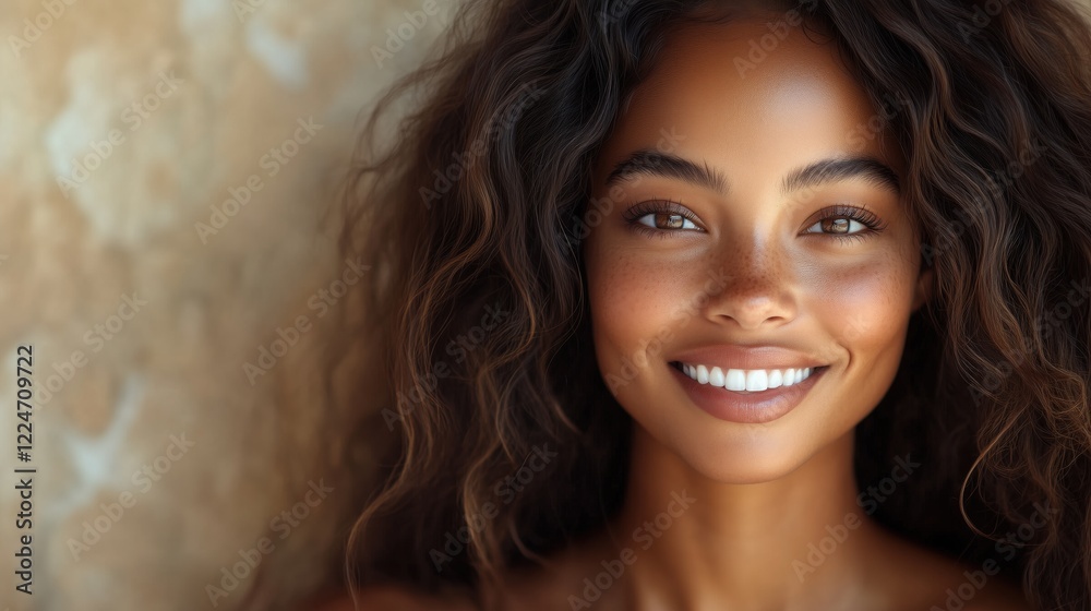 Obraz premium photography, studio lighting, beautiful, vibrant, glamour, elegant, perfect skin, smile, teeth, hair, natural, healthy, care, cosmetics, wellness