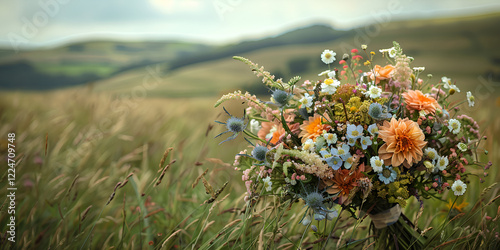 Rustic wildflower bouquet resting in a scenic meadow with rolling green hills in the background.  
