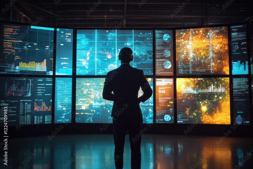 Fototapeta premium Man standing in front of data display, analyzing charts with focused expression.