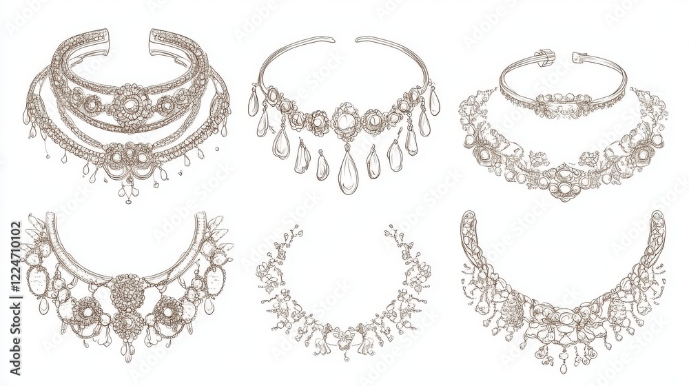 Obraz premium Six elegant necklace designs, sketched in sepia tones.