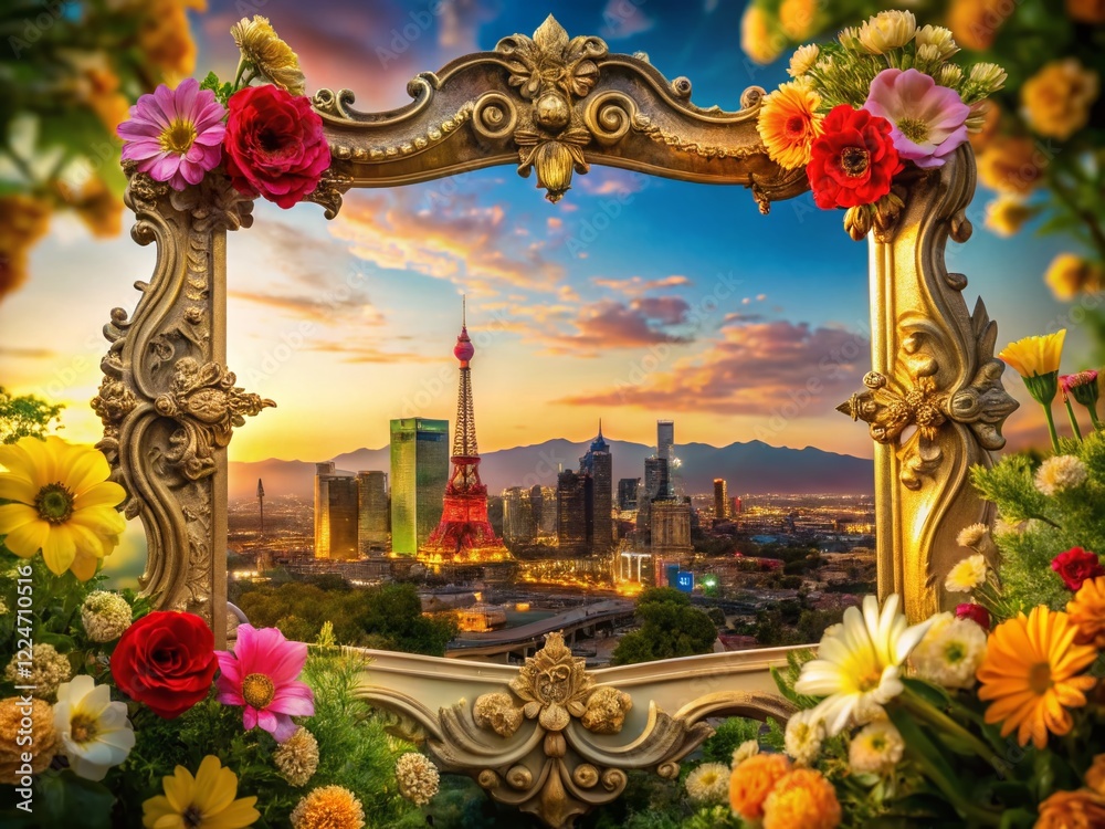 Fototapeta premium Las Vegas Floral Frame: Vintage Skyline & Macro Flowers