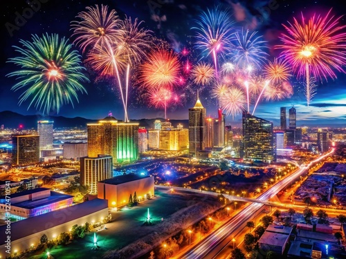 Las Vegas Fireworks Double Exposure: Neon Cityscape & Night Sky