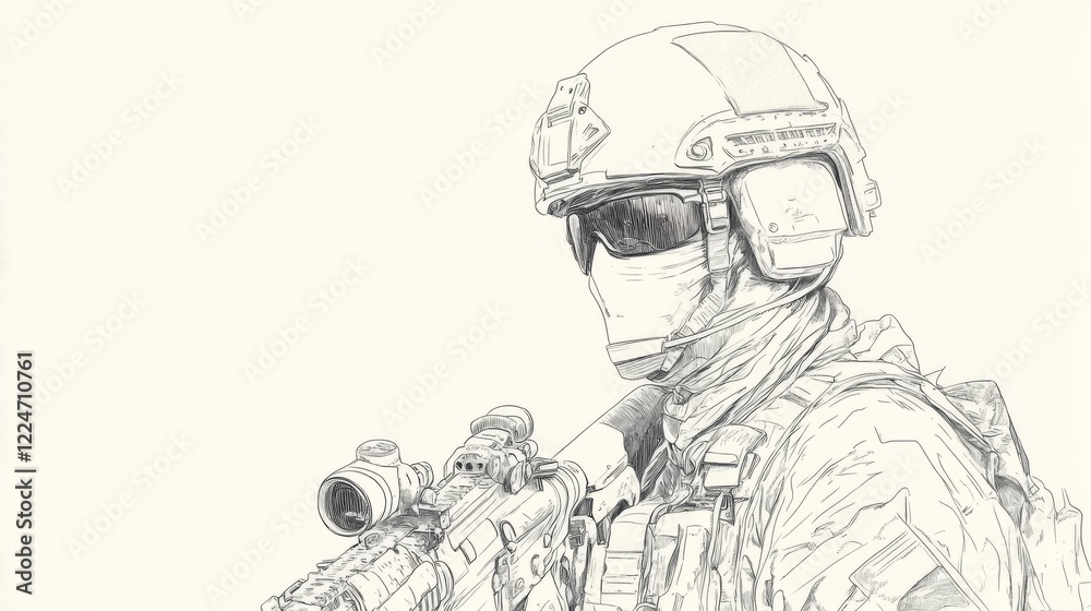 Sketch of soldier in helmet with rifle. Sketch of soldier in helmet with rifle.