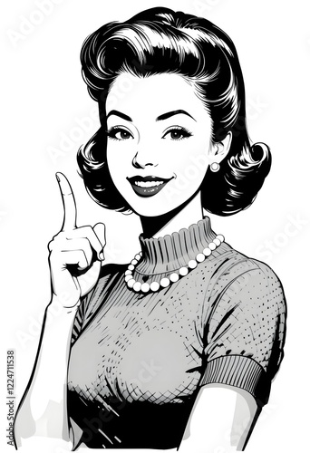 Vintage 1950s Housewife Illustration, Smiling and Pointing, Black and White