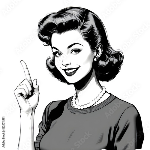 Black and White Sketch of a Cheerful 1950s Housewife, Isolated on White