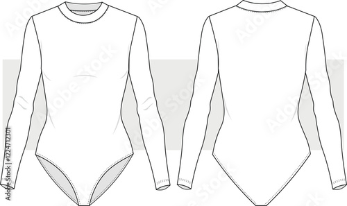 Women Bodysuit fashion illustration flat technical drawing template. Long Sleeve Bodysuit with round neck fashion Cad, front and back view, mockup.