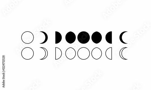 Moon phases vector illustration, black and white minimal design, lunar cycle, astronomy symbol, celestial moon icons, waxing waning crescent, full moon, eclipse phases